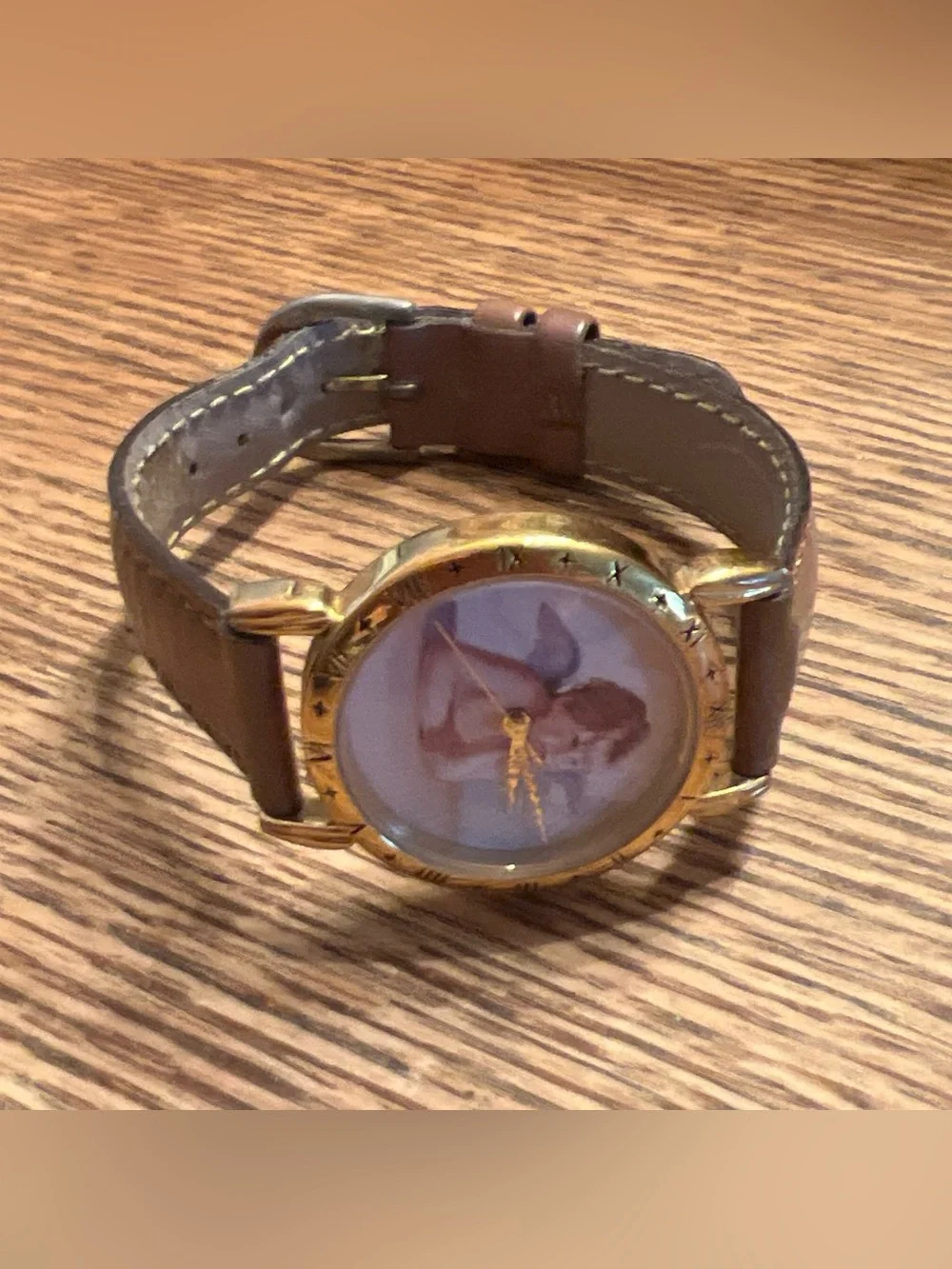 Leather Strap Gold-ToneWatch with Angel Dial *needs new battery*